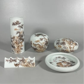 A set  of Yongzheng imperial ink color bamboo quail inscription poetry study five-piece set