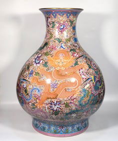 A Qing Qianlong enamel color hook anchovy five dragons and four phoenix pot-bellied bottles