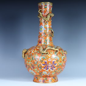 A Qing Dynasty Qianlong cloisonné gilt embossed dragon pattern bottle