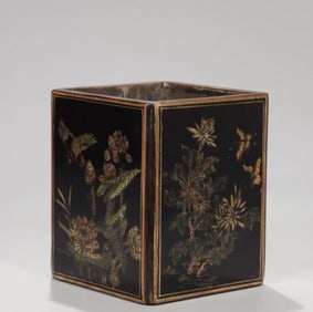 A Qing Dynasty wooden tire large vessel with gold painting painted flowers and birds