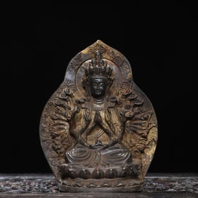 A Qing Dynasty bronze rubbing gold thousand-handed Guanyin statue