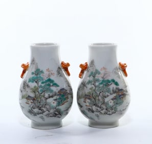 A pair of pastel landscape amphorae from the Yongzheng era of the Qing Dynasty