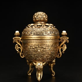 A Qing Dynasty copper-gilt entwined lotus-patterned elephant foot amphora aroma burner