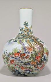 A pastel deer crane and spring pattern celestial ball vase made in the Qianlong period of the Qing
