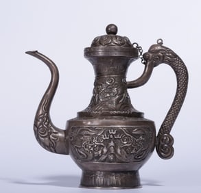 A Qing Dynasty sterling silver engraving double dragon spitting beads holding a pot