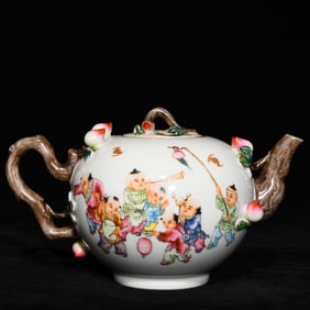 A Qing Dynasty Qianlong pastel baby play birthday peach pot