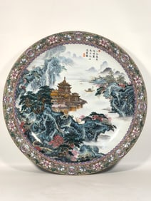 A Qing Dynasty Qianlong imperial enamel color ancient moon pavilion pavilion landscape plate