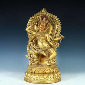 A Qing Dynasty bronze gilt protector Vajra statue