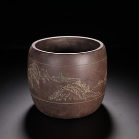 A shallow carved landscape pattern purple sand pen holder from the old collection
