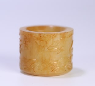 A piece of Hetian topaz landscape pavilion crane pattern finger inner diameter 2.1 cm