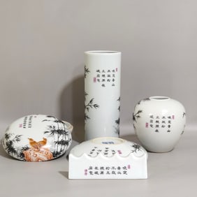 A set of Qing Dynasty Yongzheng imperial ink colored bamboo newspaper peace inscription poem study