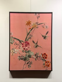 A piece of flowers and birds embroidered in pink in the Republic of China