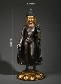 A standing statue of Shakyamuni in the Qing Dynasty with copper gilt and gilt silver