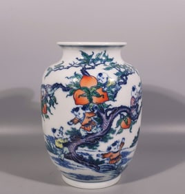 A Qing Dynasty Yongzheng blue and white bucket nine sons and nine peaches dongmelon bottle