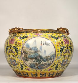 A Qing Dynasty Qianlong enamel colorful window landscape double dragon mouth jar