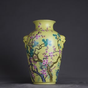 A Qing Dynasty Yongzheng imperial yellow ground zadao pastel pine, bamboo plum amphora