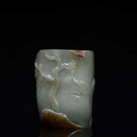 A Hetian jade pine crane longevity pen holder