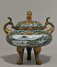 A Qing Dynasty Qianlong period made of bronze colored windowed landscape pattern amphora tripod