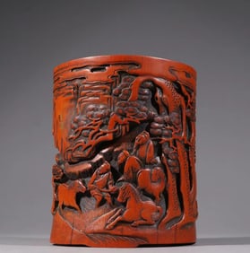 A bamboo carved Panasonic figure pen holder