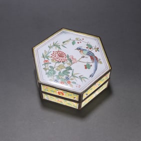 A Qing Dynasty bronze tire painting enamel flower and bird pattern hexagonal lid box