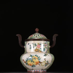 A Qing Dynasty copper tire painting enamel flower and fruit pattern amphora aromatherapy stove
