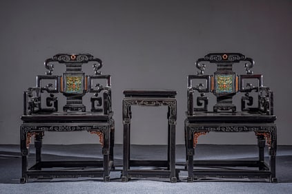 A set of rosewood inlaid boxwood cloisonné Taishi chairs