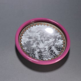 A Yongzheng carmine red gold-painted ink landscape picture roll mouth wash