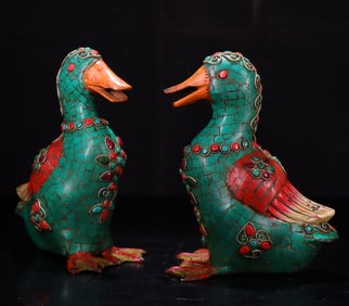 An old copper inlaid turquoise duck