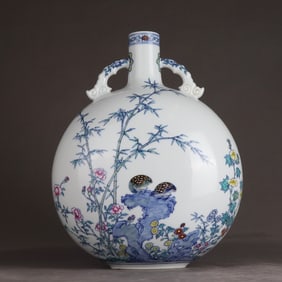 A Qing Dynasty Yongzheng Doucai flower and bird double-eared moon bottle