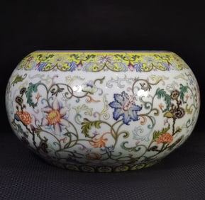 A Qing Dynasty Qianlong enamel colored entwined lotus flower water bowl