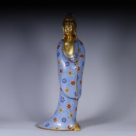 A Qing Dynasty copper gilt cloisonné enamel Guanyin station statue