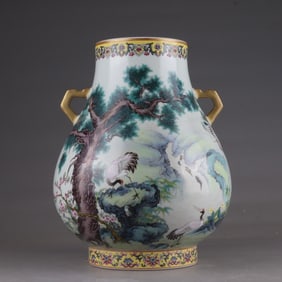 A Qing Dynasty Qianlong enamel colored pine crane poetry and text amphora