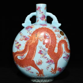 A Qing Dynasty Qianlong turquoise glazed pastel alum red dragon pattern flat vase
