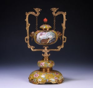 A copper tire painting enamel entwined window flower and bird pattern double dragon incense powder