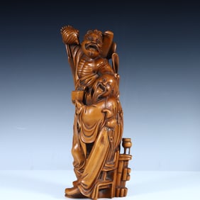 A Qing Dynasty fine boxwood carving of the joy of the two immortals