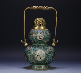 A Qianlong cloisonné inlaid with Hetian jade double dragon bead lifting gourd bottle
