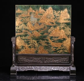 A Qing Dynasty Hetian jasper gilded character landscape poetry interpolation