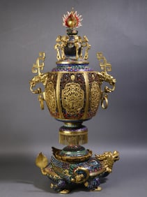 A Qing Dynasty cloisonné enamel dragon ear turtle seat incense burner