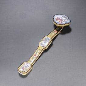 A Qing Dynasty bronze tire painting enamel character story ruyi handle