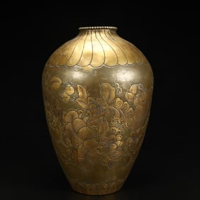A Qing Dynasty copper-gilt engraved plum vase with floral patterns