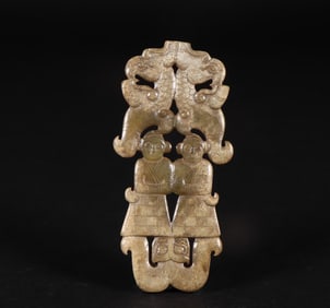 A pair of ancient Hetian jade double child pendants