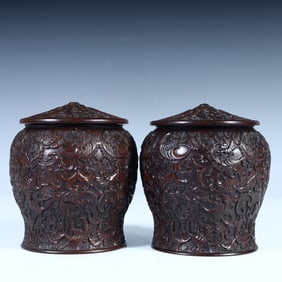 A pair of Qing Dynasty high-quality small-leaved rosewood tea jars