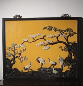 A piece of overseas wooden lacquerware inlaid with a hundred treasures carved pine crane Yannian Fu