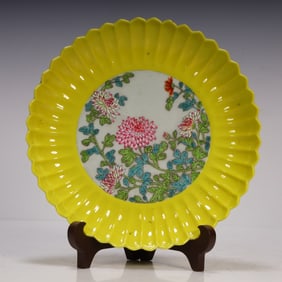 A piece of lemon yellow glazed pastel blue melon prism