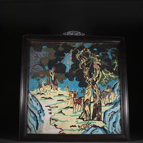 A Qing Dynasty copper tire cloisonné painting enamel pine deer picture hanging screen