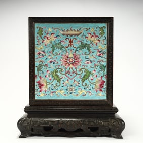 A Qing Dynasty mahogany inlaid pastel entwined flower longevity pattern cover box