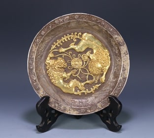 An old silverware sterling silver gilt double lion rolling hydrangea appreciation plate