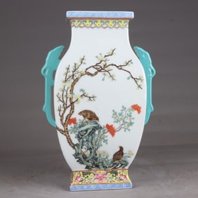 A Qing Dynasty Qianlong pastel flower and bird pattern square bottle