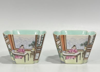 A Qing Dynasty Long pastel character West Chamber Record Square Cup