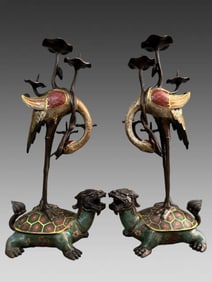 A piece of Qing Dynasty cloisonné enamel cloisonné (a pair of crane pedaling dragon turtle wax